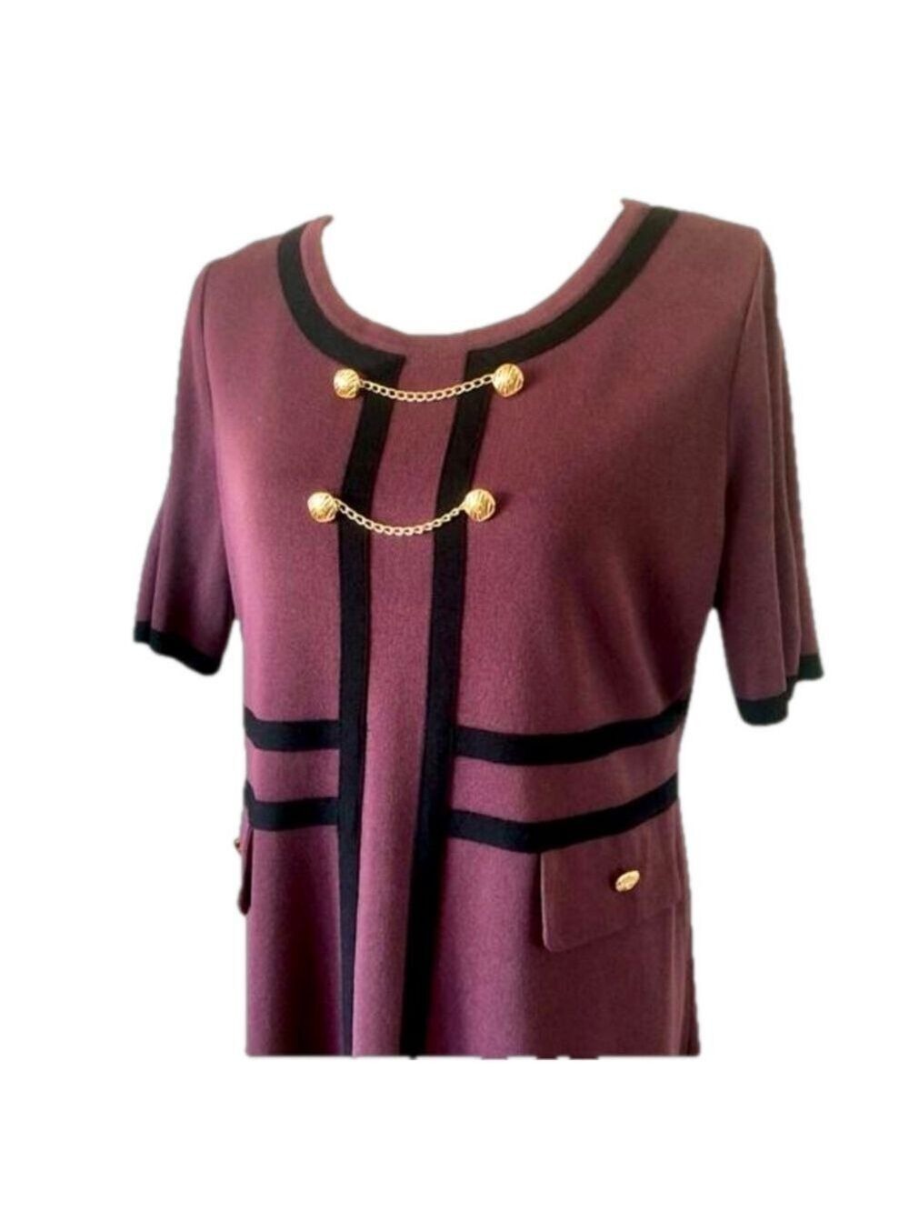 Ming Wang button detail contrast trim soft knit dress  burgundy black size M